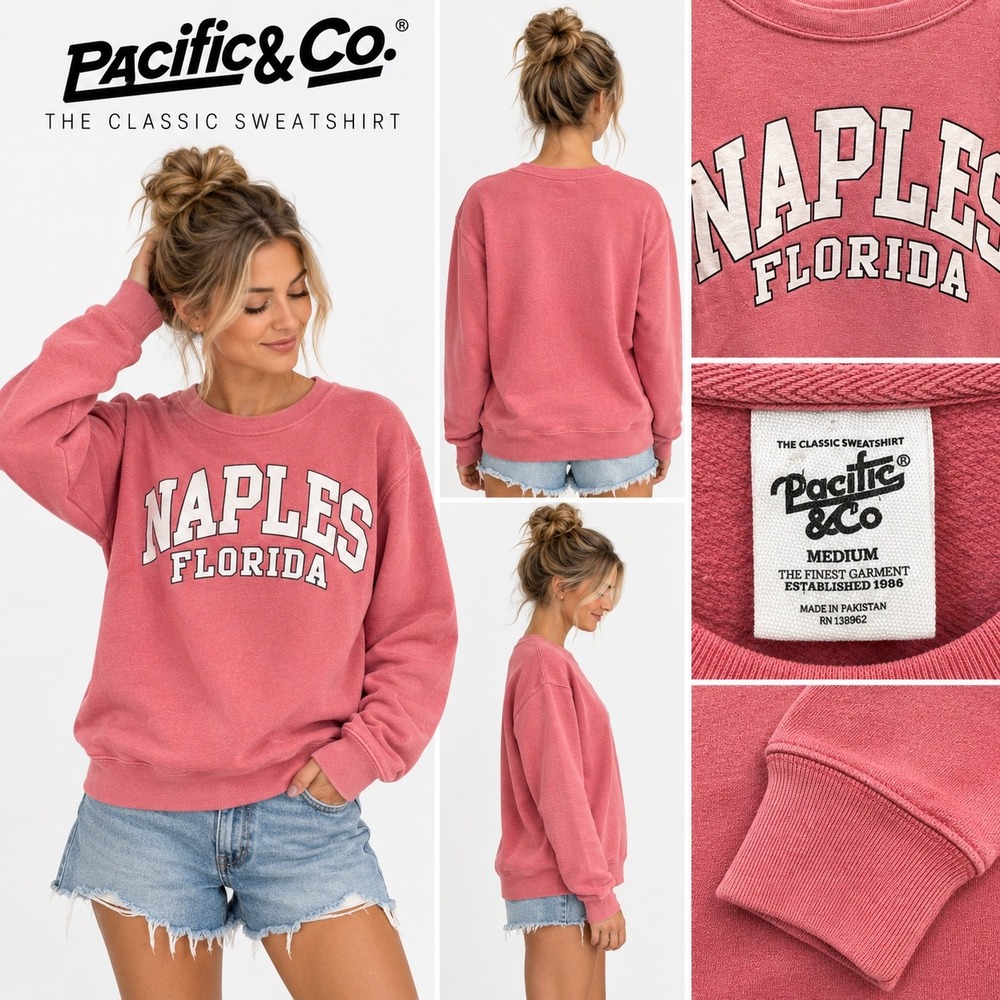 Pacific & Co Naples Florida Graphic Sweatshirt Pink Medium Crewneck Long Sleeve